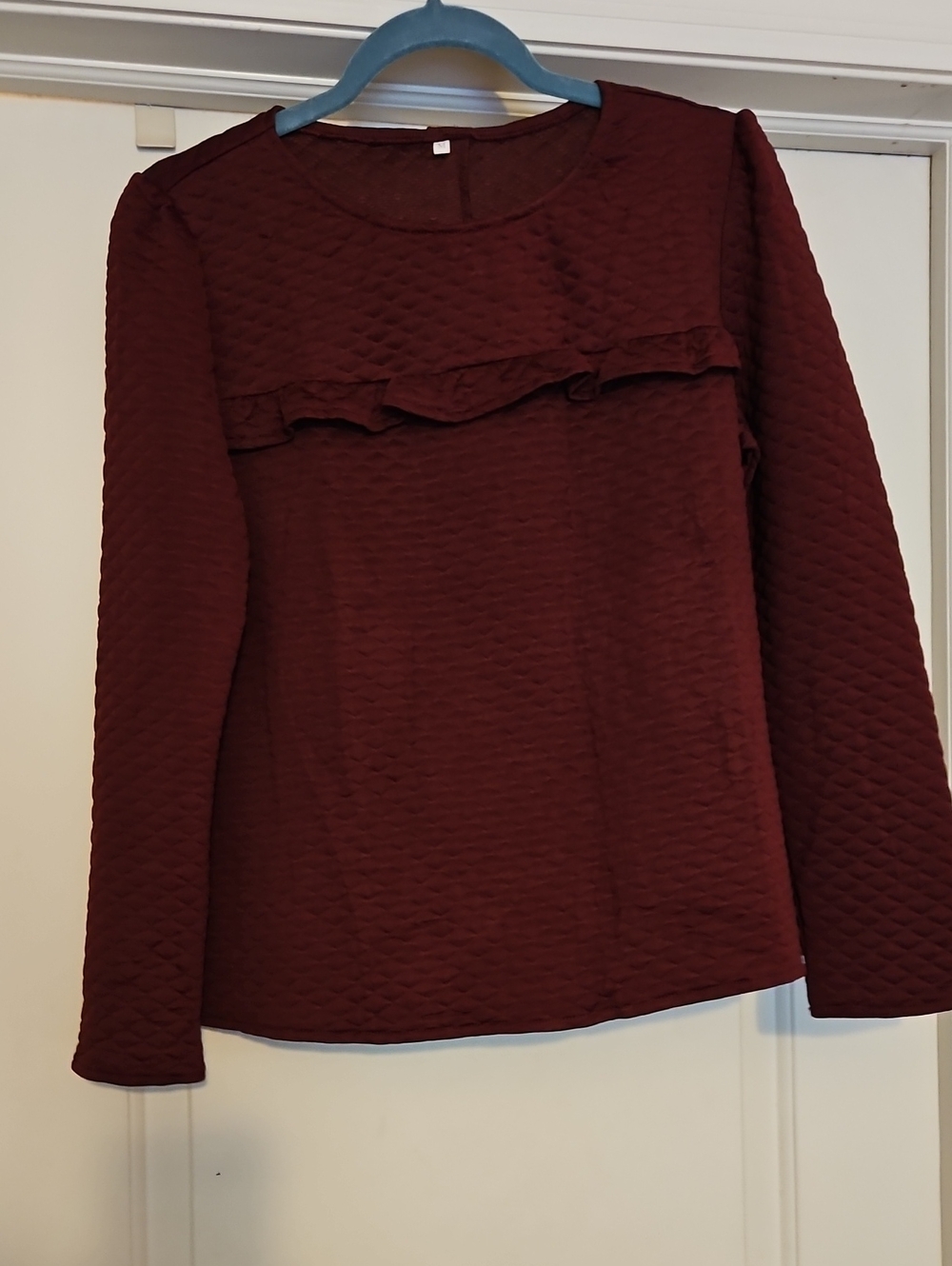 Amazon Women's Quilted Ruffle-Trim Long Sleeve Top - Maroon